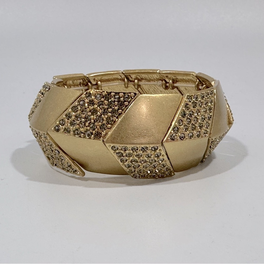 Gold Chevron Rhinestone Crystal Geometric Chunky Stretch Bracelet 80s Maximalist